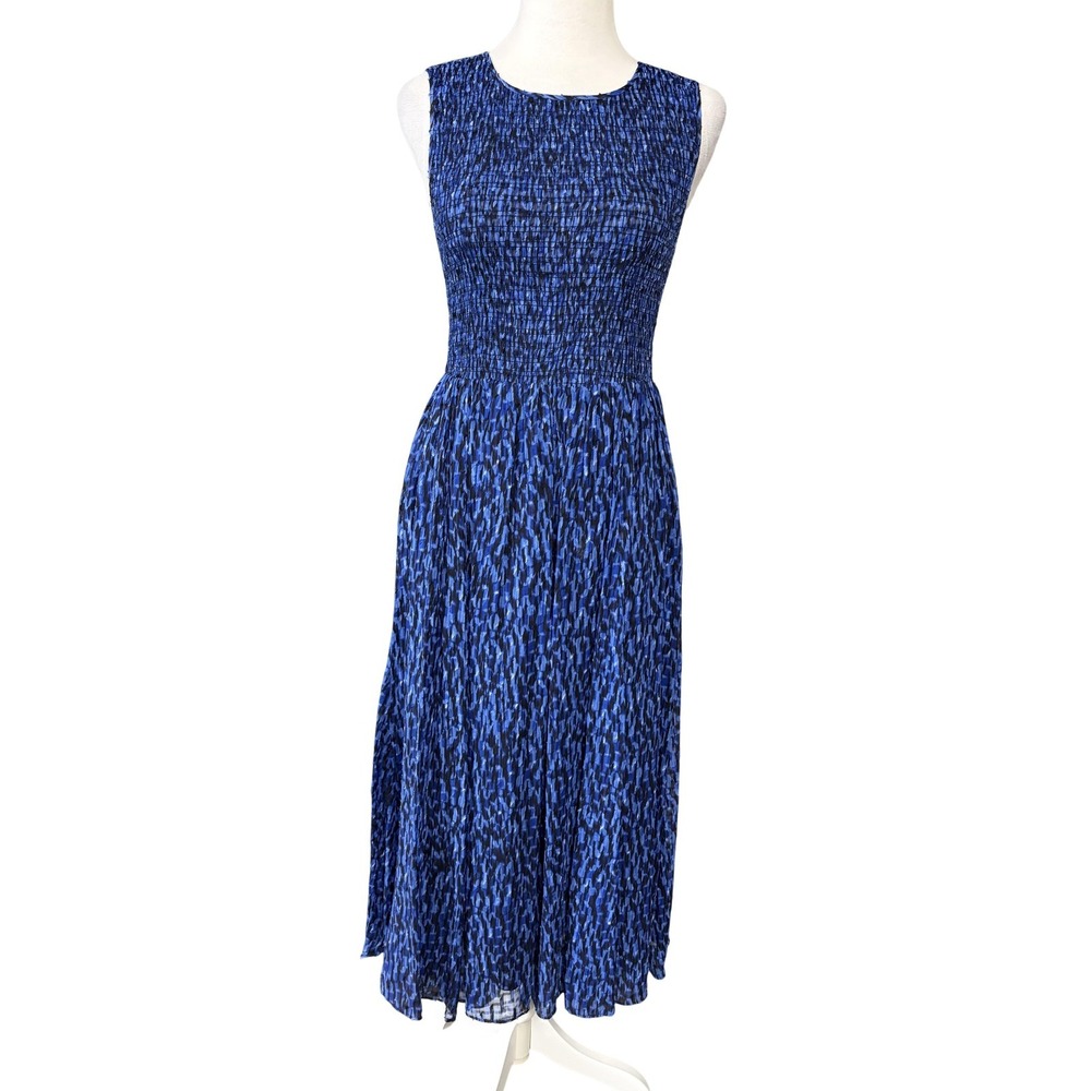 Rebecca‎ Taylor Dress Womens 0 Blue Geometric Smocked Midi Silk Blend Sundress